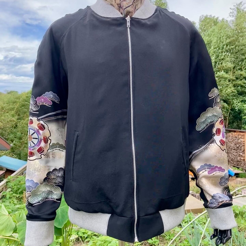 着物リメイクスカジャン 兜 男の子 リバーシブル 七五三 メンズL〜LL