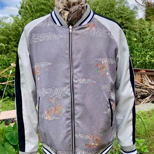 着物リメイクスカジャン 兜 男の子 リバーシブル 七五三 メンズL〜LL