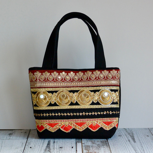 美しい輝くインド刺繍リボンのドレストートバッグ【SSサイズ