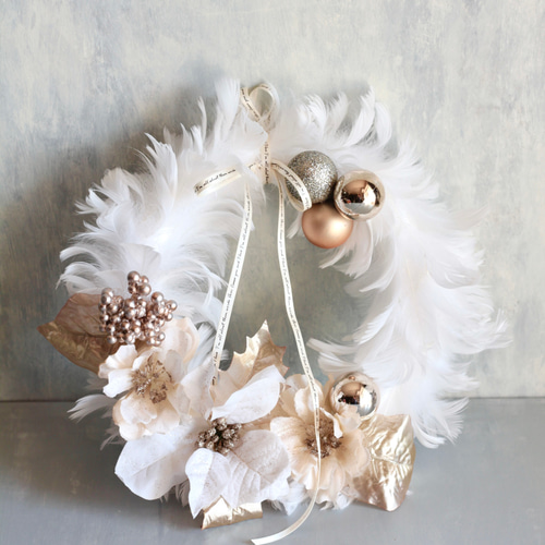 クリスマスリース】天使みたいなホワイトフェザーリースゴールド
