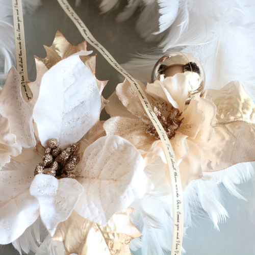 クリスマスリース】天使みたいなホワイトフェザーリースゴールド