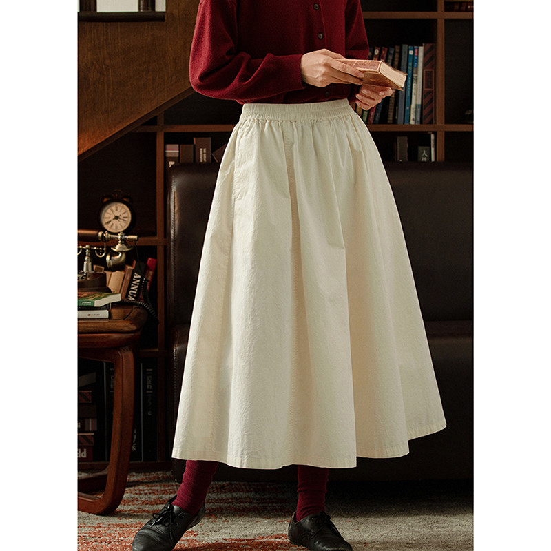 ゴムウエストスカート　100%コットンスカート　裏地付き　ベージュとグレーグリーン　S-Mサイズ　S294