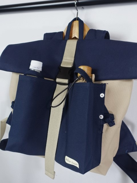 （小)８号帆布バックパックW40 　グレーベージュ×濃紺