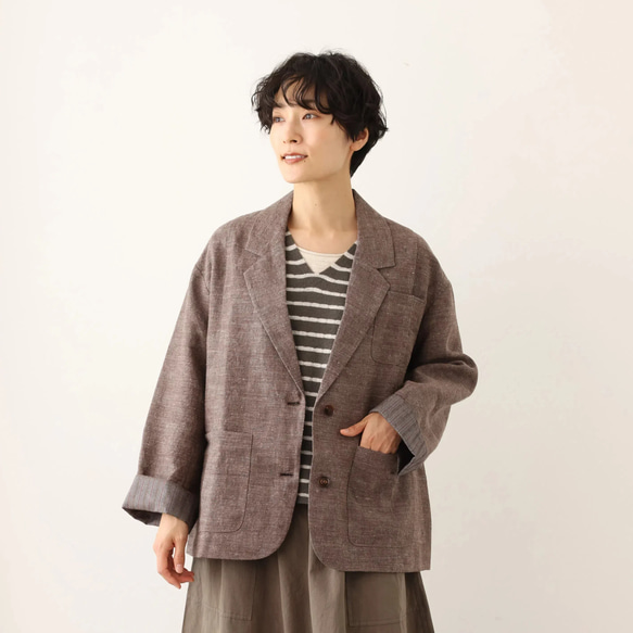 オリジナルパターンだからこそできた綺麗なシルエットが魅力のジャケット　ウールリネン　杢ブラウン240920-1 6枚目の画像