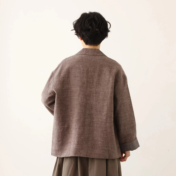 オリジナルパターンだからこそできた綺麗なシルエットが魅力のジャケット　ウールリネン　杢ブラウン240920-1 15枚目の画像