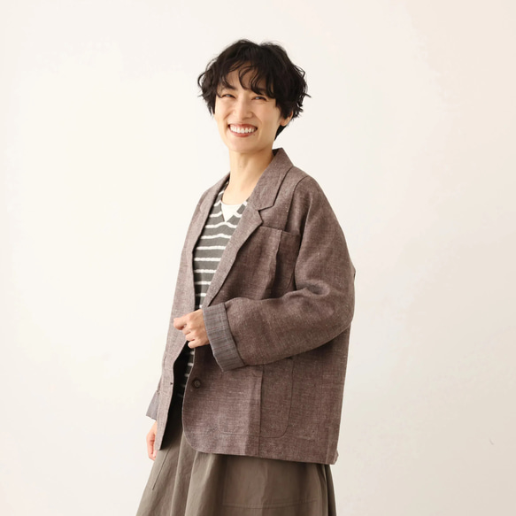 オリジナルパターンだからこそできた綺麗なシルエットが魅力のジャケット　ウールリネン　杢ブラウン240920-1 8枚目の画像