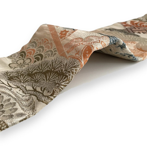 値下げ！【七五三つくり帯】アンティーク 正絹 二部式 7歳用 生成り 鶴