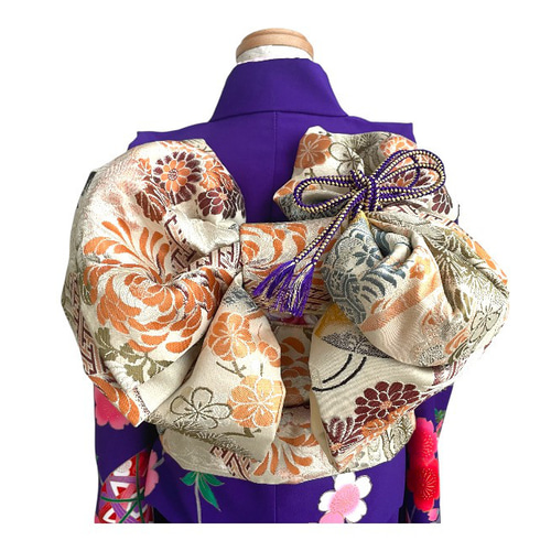 アンティーク 七五三 五歳〜七歳 着物 帯 小物一式 フルセット 菊花紋 正絹 値下げ！【七五三つくり帯】アンティーク 正絹 二部式 7歳用 生成り 鶴