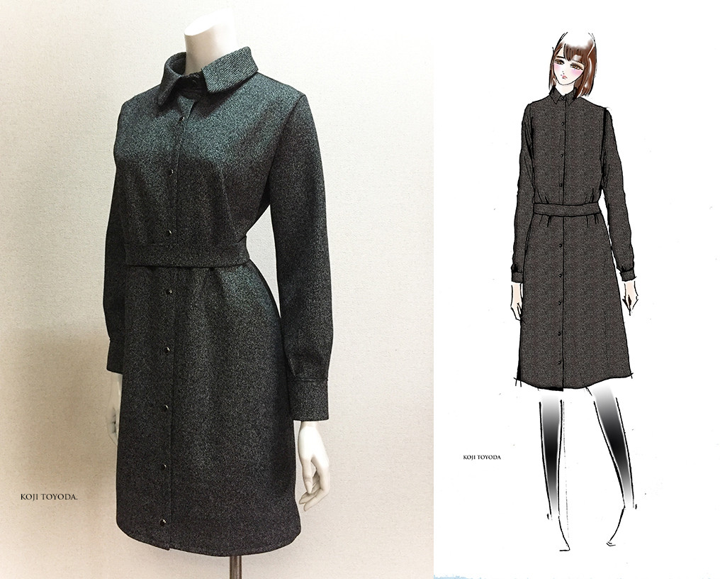 【1点もの・デザイン画付き】綿系先染めニット生地シャツ型ワンピース（KOJI TOYODA）
