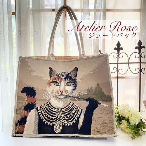 ♡ジュートバックLサイズ#お洒落なネコのお出かけバック#花かん