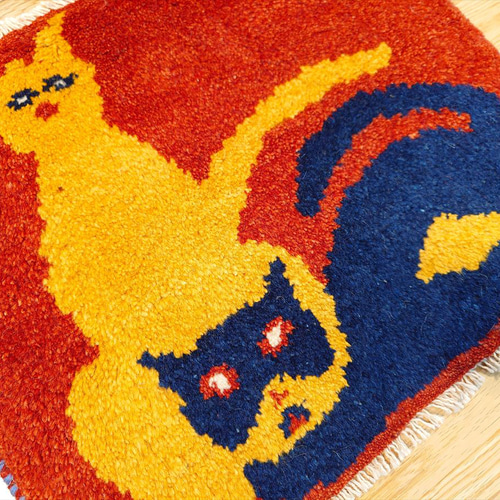 ペルシャ ギャッベ ミニマット 43x37㎝ 猫 茜色 カーペット・絨毯