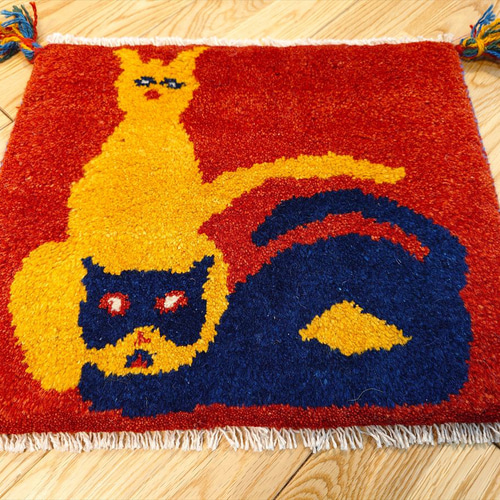 ペルシャ絨毯ギャッベ40cmx40cm ミニ絨毯　ミニラグ ペルシャ ギャッベ ミニマット 43x37㎝ 猫 茜色 カーペット・絨毯