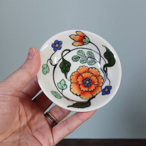 Orange フラワースパイスプレート バッチャン焼き ベトナム食器 手描き