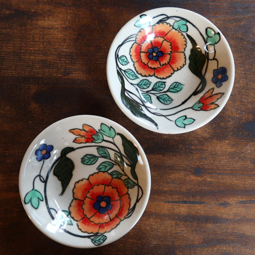 Orange フラワースパイスプレート バッチャン焼き ベトナム食器 手描き