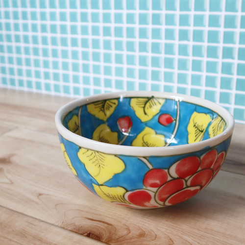 Vivid ボウル ブルー バッチャン焼き ベトナム食器 手描き 花柄 お椀