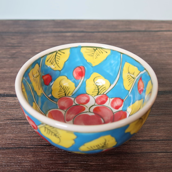 未使用アポニーオレンジ　レアなフォルム　ヘレンド手描き陶器 花柄 バターボウル Vivid ボウル ブルー バッチャン焼き ベトナム食器 手描き 花柄 お椀