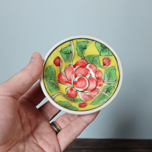 Bát Tràng ベトナム バッチャン焼き 新品 花柄 丼 6枚 Vivid どんぶり鉢 イエロー バッチャン焼き ベトナム食器 手描き 花柄