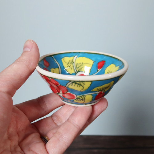 Vivid 豆鉢 ブルー バッチャン焼き ベトナム食器 手描き 花柄 お椀