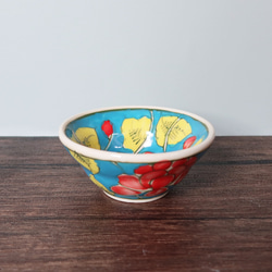 Vivid 豆鉢 ブルー バッチャン焼き ベトナム食器 手描き 花柄 お椀