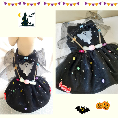 ♥︎︎オーダー♥︎︎ ハンドメイド 犬服 ハロウィン ゴーストチュールワンピース ♥︎︎オーダー♥︎︎ ハンドメイド 犬服 ハロウィン ゴースト