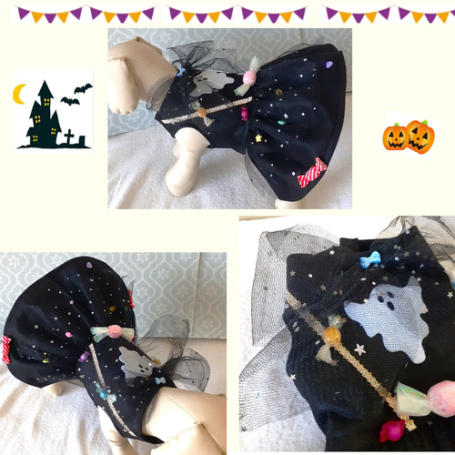 犬服 ハロウィンワンピース 黒／キャンディ・オバケ 送料無料