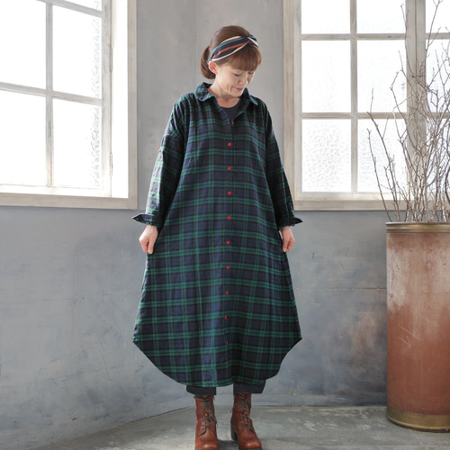着丈3展開＊大人カジュアル＊タータンチェック柄＊丸襟＊裾ラウンド