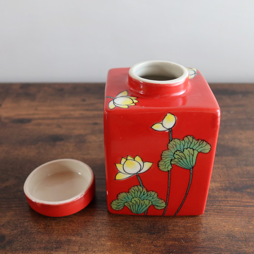 キャニスター レッド バッチャン焼き ベトナム食器 手描き 花柄 蓮柄