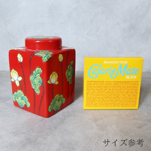 キャニスター レッド バッチャン焼き ベトナム食器 手描き 花柄 蓮柄
