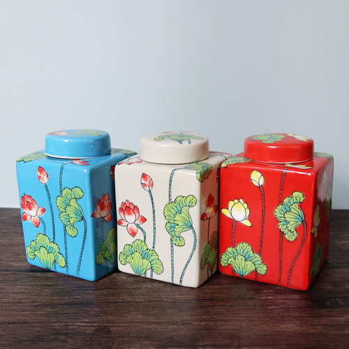 キャニスター レッド バッチャン焼き ベトナム食器 手描き 花柄 蓮柄