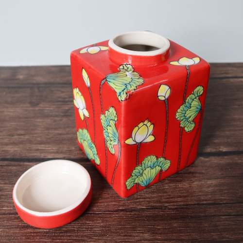 キャニスター レッド バッチャン焼き ベトナム食器 手描き 花柄 蓮柄