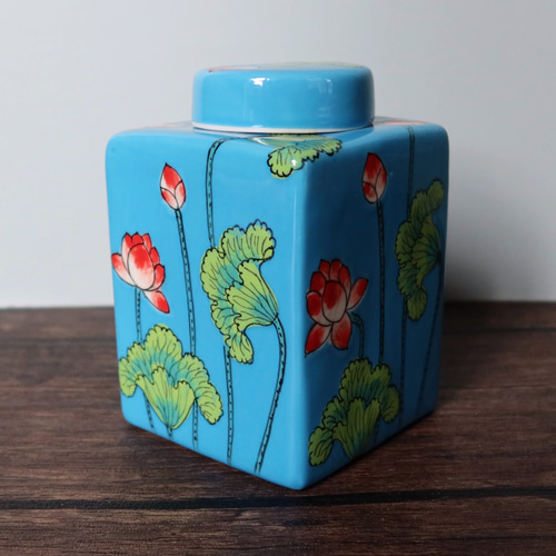 キャニスター ブルー バッチャン焼き ベトナム食器 手描き 花柄 蓮柄