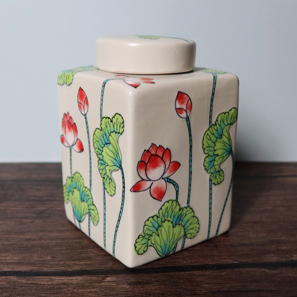 キャニスター グレーベージュ バッチャン焼き ベトナム食器 手描き 花