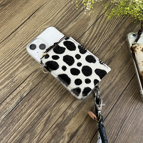 毛付き牛革ハラコ ファスナーポーチ付きスマホケース 大容量・取り外し