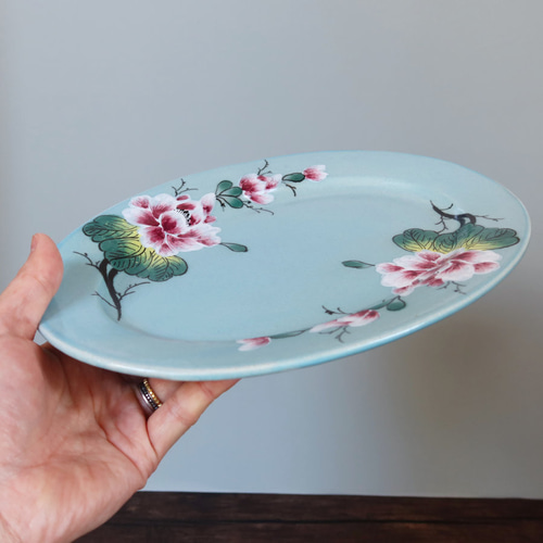 ソンチャン オーバルプレート ブルー ベトナム食器 手描き 花柄 大皿