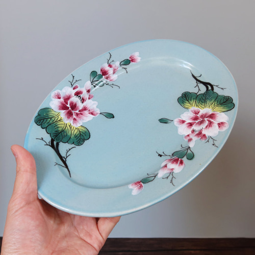 ソンチャン オーバルプレート ブルー ベトナム食器 手描き 花柄