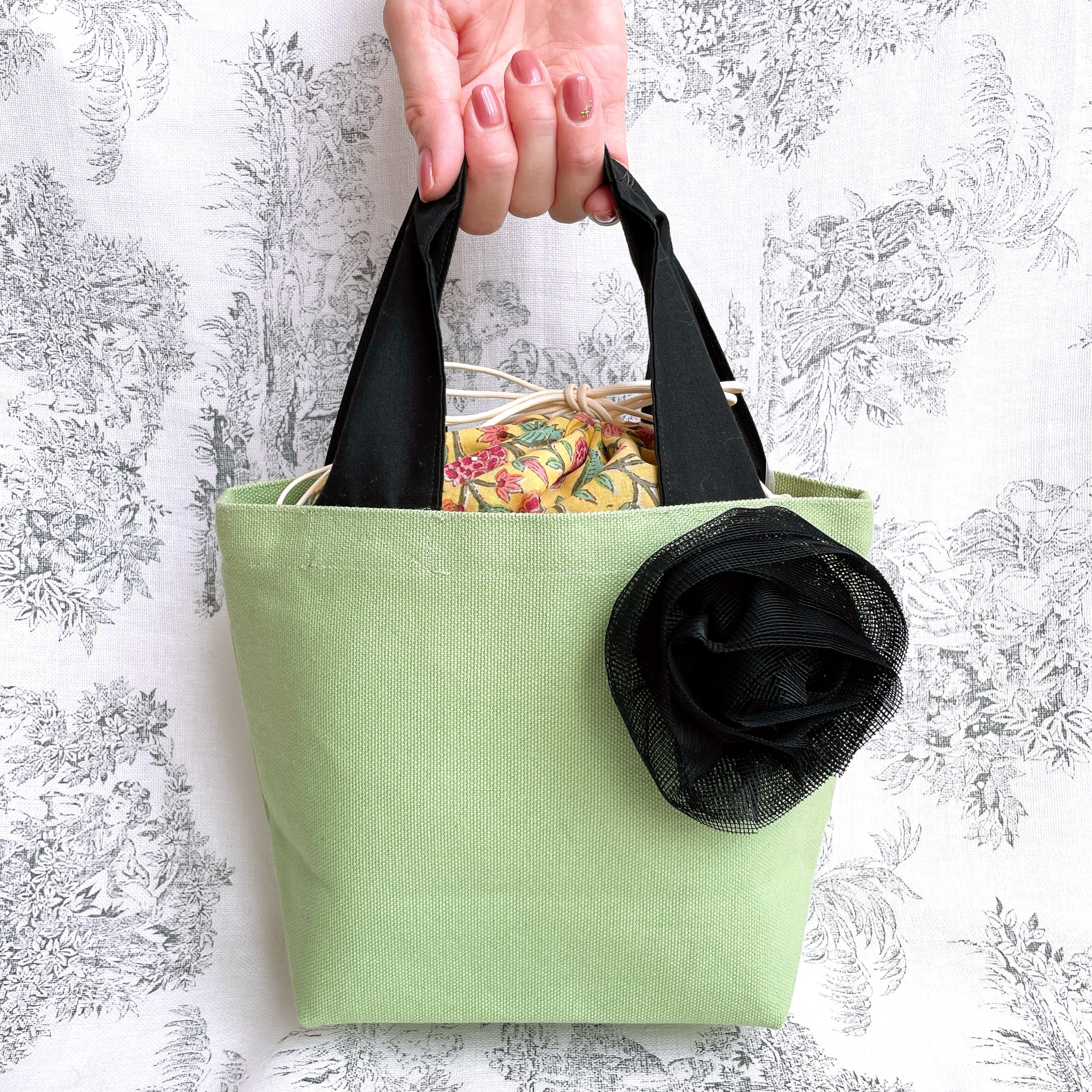 送料無料♡春色先どり♡コサージュ付きれい色日本製帆布のミニトートバッグ＆インド綿のオーガナイザーセット -グラスグリーン