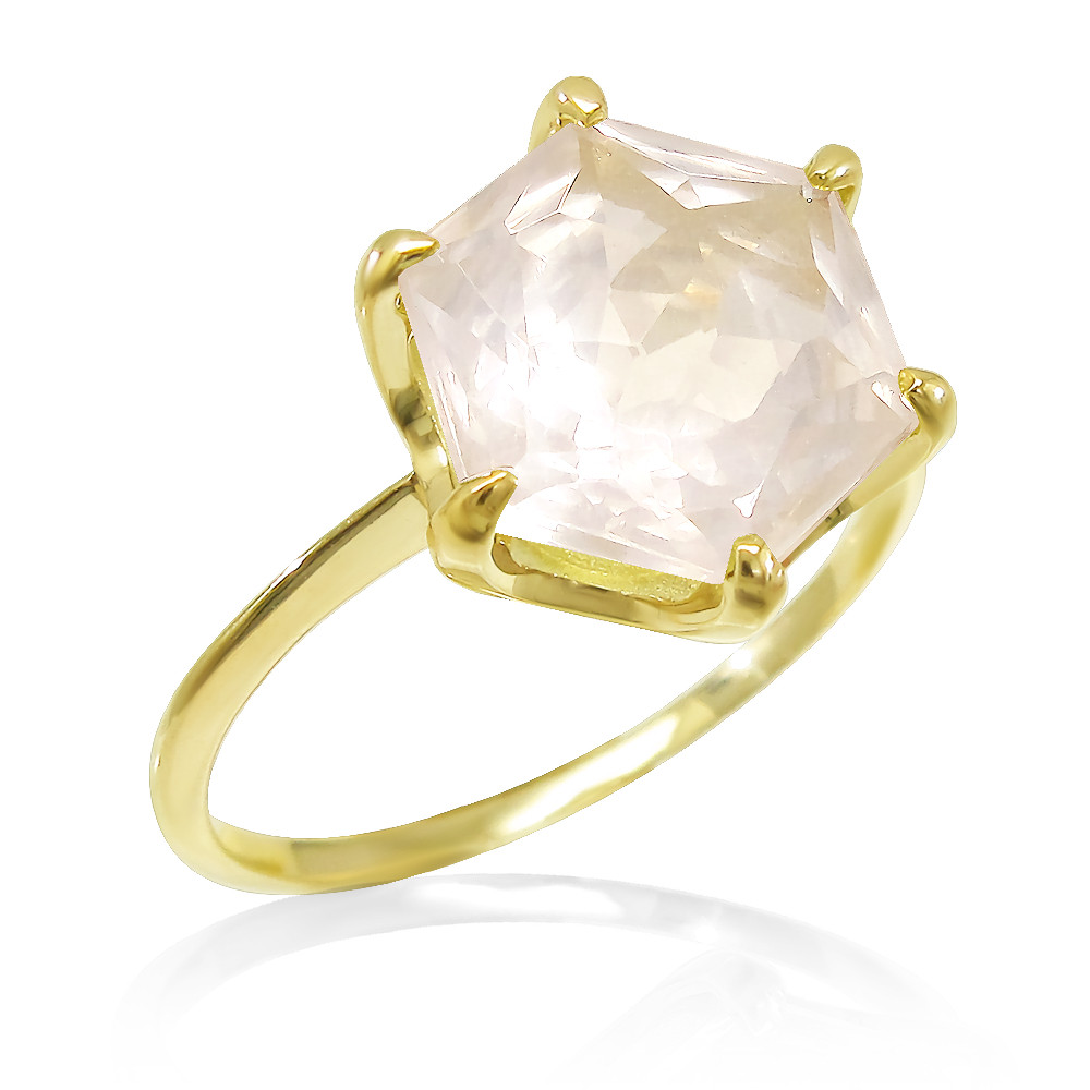 K18 イエローゴールド １０月 誕生石 大粒 天然 ローズクォーツ 六角形 モチーフ 華奢リング 美輪宝石