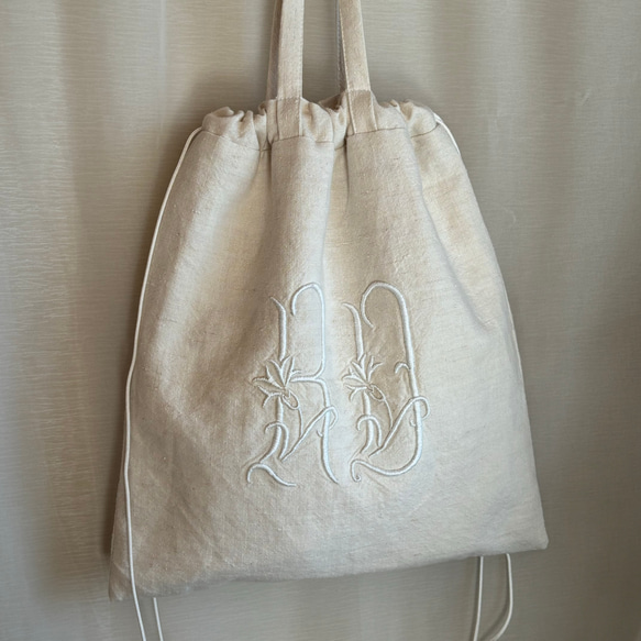 アンティークリネンとレースのバッグ モノグラム刺繍 巾着バッグ