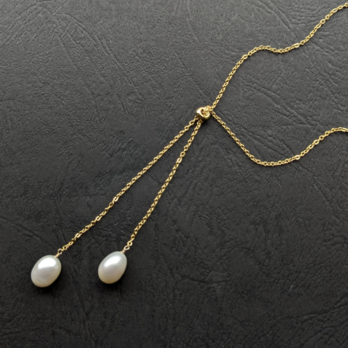 頭から被れる 淡水パール スライド ロングネックレス ゴールド
