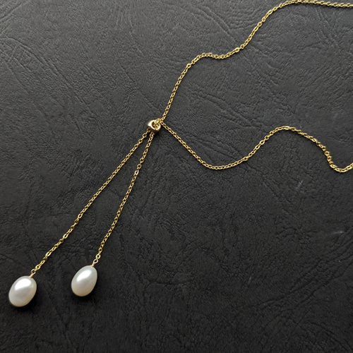 ゴールド　淡水パール付きロングネックレス 頭から被れる 淡水パール スライド ロングネックレス ゴールド