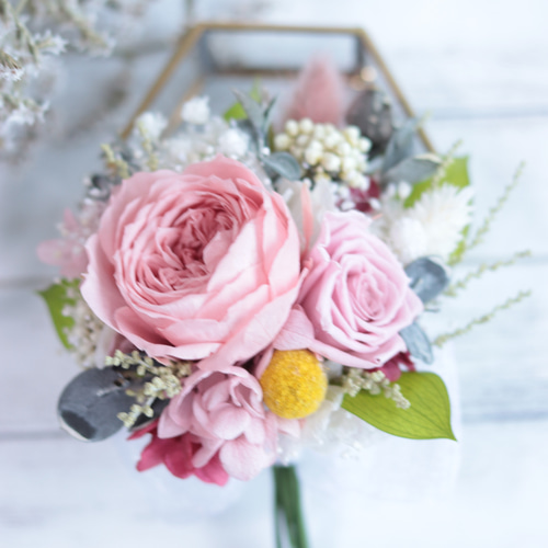 小花クラッチブーケコサージュ」バニラピンクローズ&ナチュラル