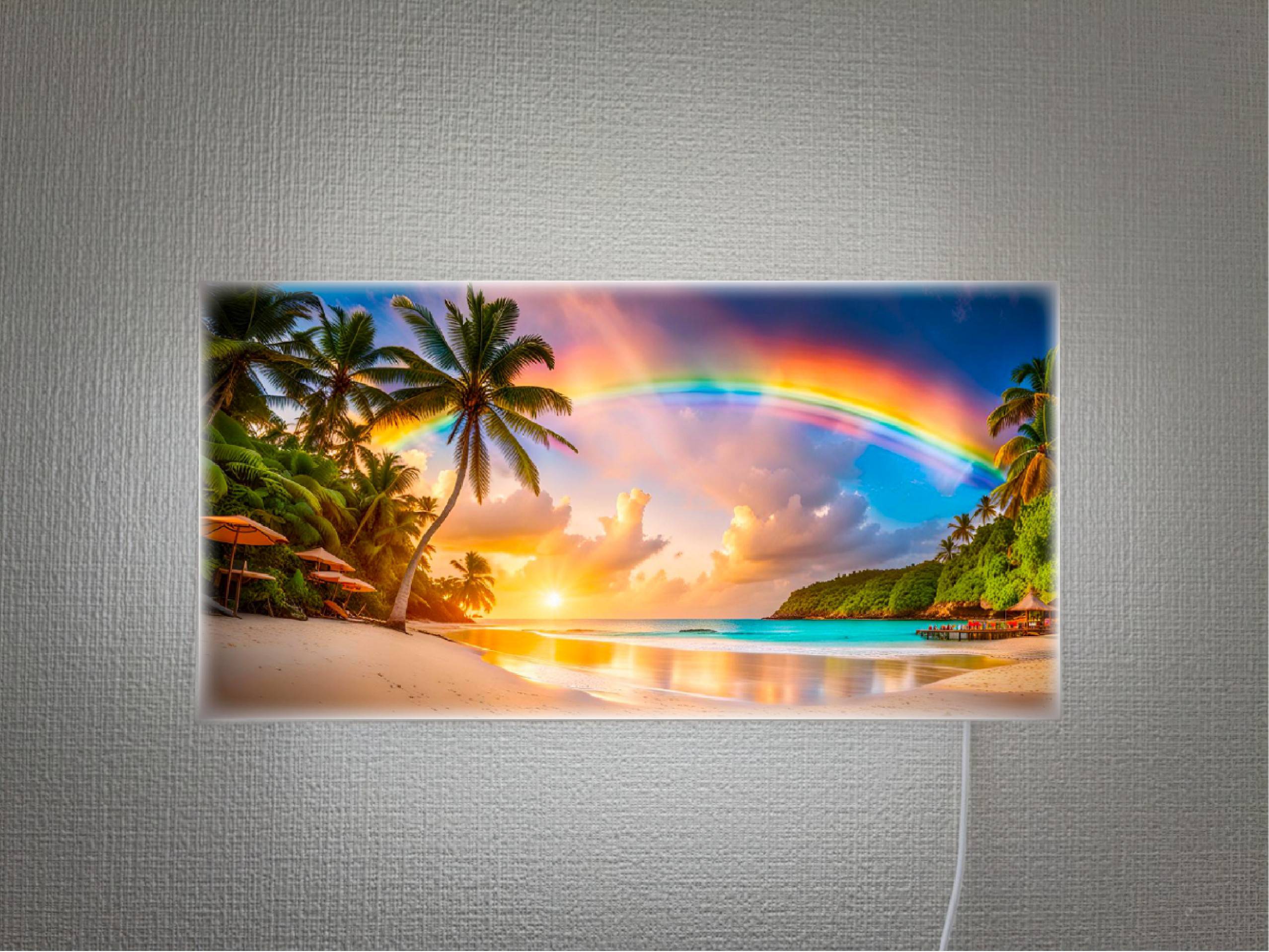 【オーダー無料】ビーチ 海 虹 ヤシの木 夏 砂浜 ドリームビーチ 南国 AI写真 照明 看板 置物 雑貨 ライトBOX