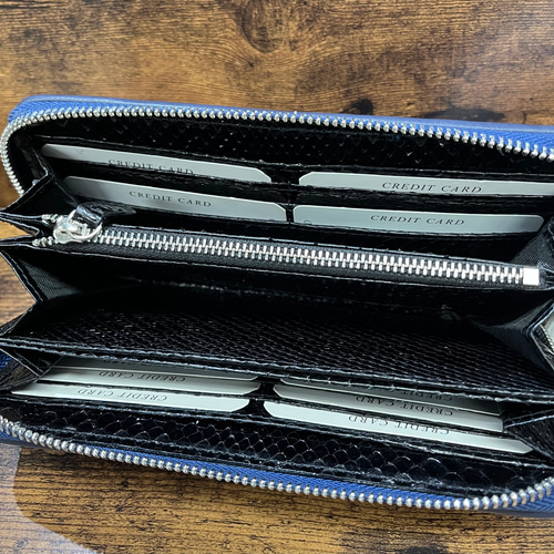 ワニ革 ラウンドファスナー長財布 ブルー 内側蛇革 長財布 革工房