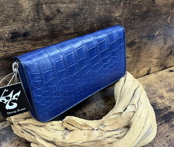 ワニ革 ラウンドファスナー長財布 ブルー 内側蛇革 長財布 革工房