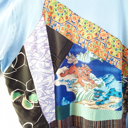 Acote パッチワーク Tシャツ パッチワーク ライトブルー 着物リメイク