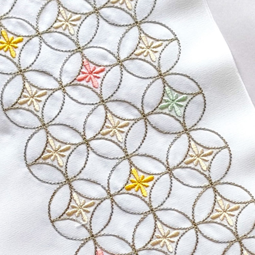 c-957　付下げ　小鳥に草花文様　単衣　刺繍　一ツ紋　重ね衿　居敷当て付き　★ 小物 半衿 重ね衿 刺繍半衿 花唐草(白地×ワイン) 半襟 訪問着