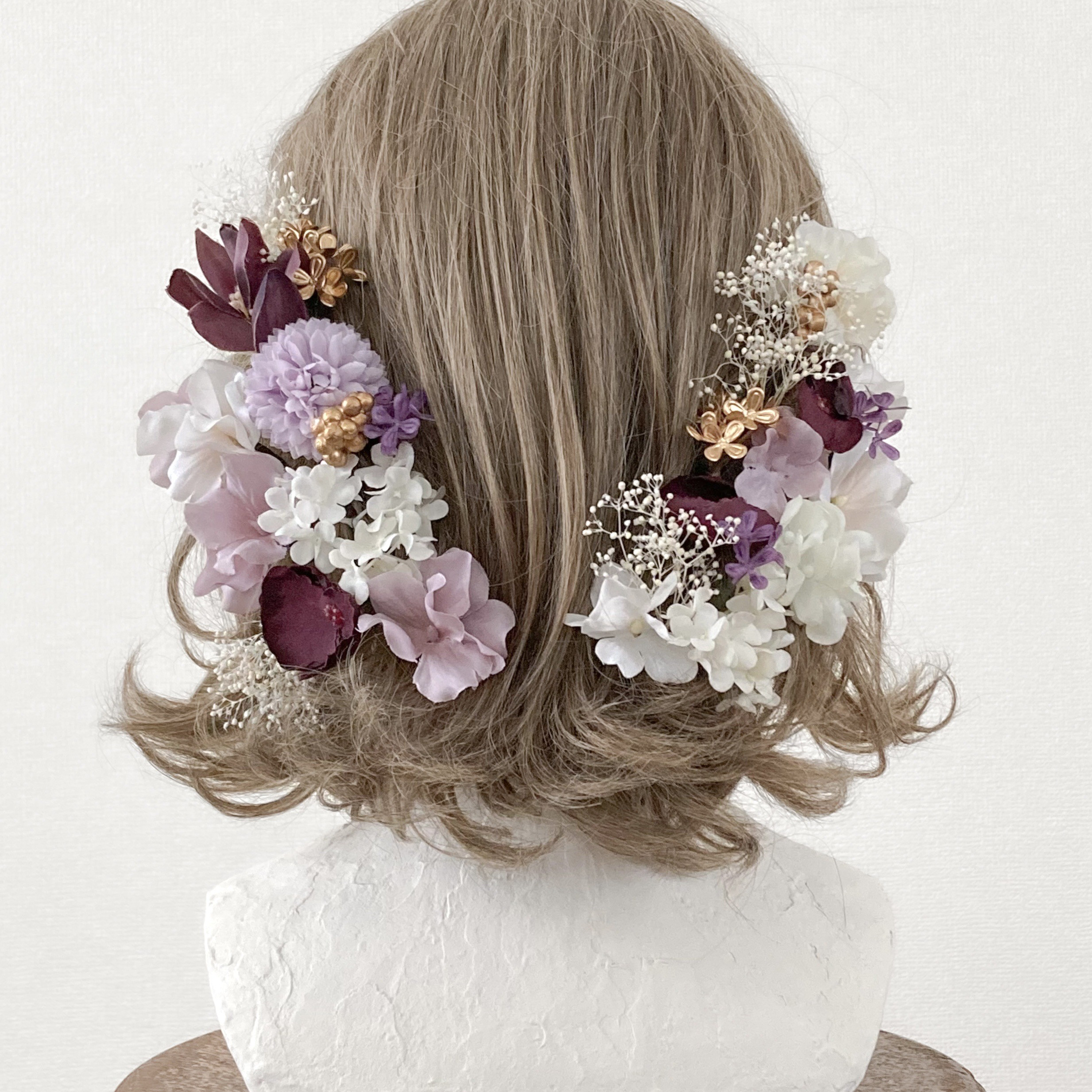 【送料無料】成人式や卒業式、結婚式におすすめの髪飾りです【金箔付】・パープル・紫・ボブ・ショート・和装・振袖・水引・花・