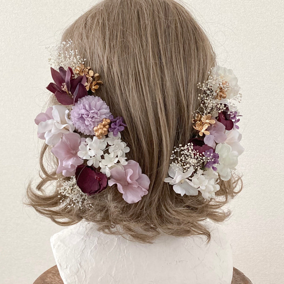 【送料無料】成人式や卒業式、結婚式におすすめの髪飾りです【金箔付】・パープル・紫・ボブ・ショート・和装・振袖・水引・花・ 5枚目の画像