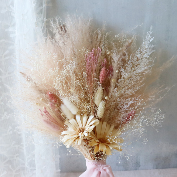 ウェディングブーケ　ドライフラワー　パンパスグラス 送料無料・ドライフラワー風ブライダルブーケA】 秋冬の結婚式や二次会