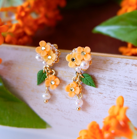 秋風にゆれる金木犀とパールのイヤリング、ピアス＊受注制作  